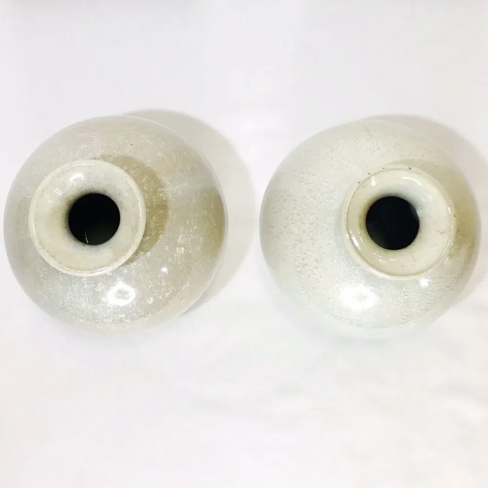 Pair Of Handmade Crystalline Glazed Weed Pots Bud Vases Neutral Decor 5.25”